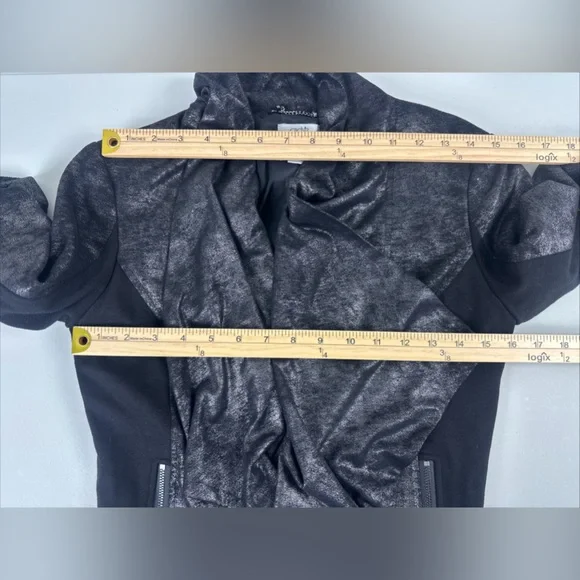 Cache Sz S Black Coated Drape Open Front Cardigan Sweater Side & Sleeve Zip - Picture 13 of 13